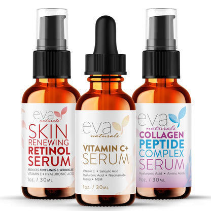 Eva Naturals Trifecta Face Serum Set – Retinol, Vitamin C & Peptides with Hyaluronic Acid & Niacinamide – Anti-Aging Skincare Bundle for Women Eva Naturals