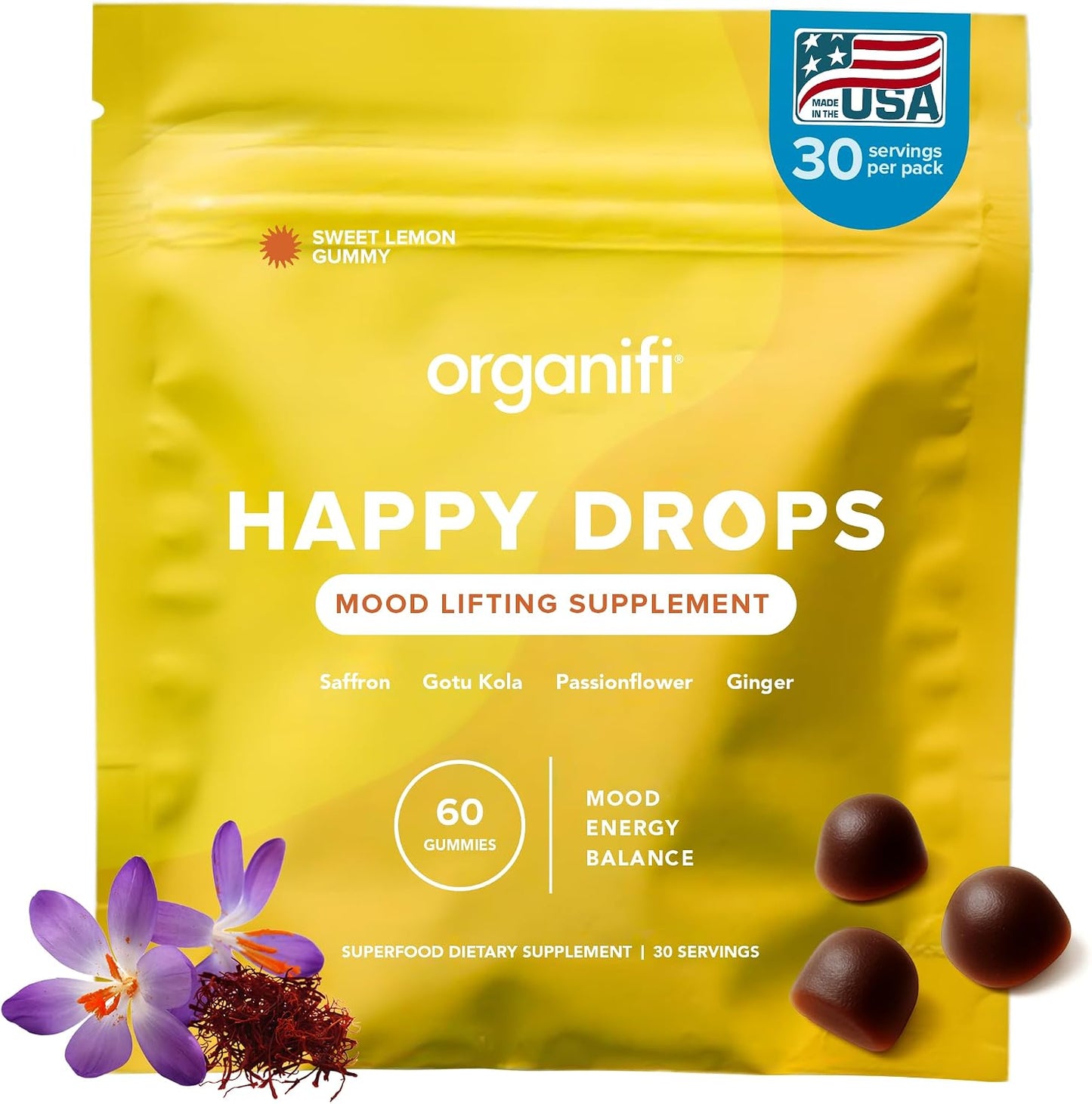 Organifi Happy Drops - Daily Superfood Happy Gummies for Adults - Mood Support Supplement for Balance, Bliss, Energy and Taking the Edge Off - Sweet Lemon Flavor - 60 Gummies Gsupps Australia