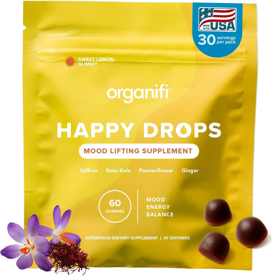 Organifi Happy Drops - Daily Superfood Happy Gummies for Adults - Mood Support Supplement for Balance, Bliss, Energy and Taking the Edge Off - Sweet Lemon Flavor - 60 Gummies Gsupps Australia