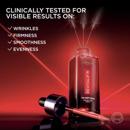 L'Oreal Paris Revitalift Triple Power Face Serum with Tri-Peptides, Hyaluronic Acid and Vitamin C, Anti Aging, Anti Wrinkle Serum to Firm and Brighten, 1 FL oz, + Sample L'Oreal Paris
