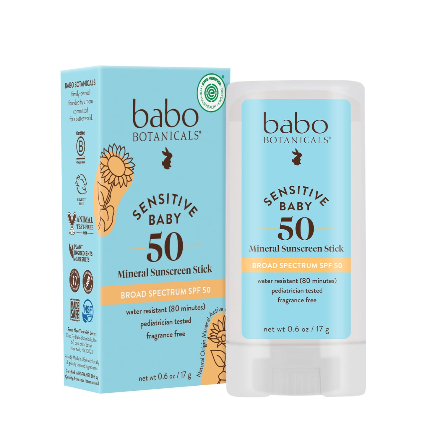 Babo Botanicals Sensitive Baby Mineral Sunscreen Stick SPF 50 - 70% Organic Ingredients - Zinc Oxide - NSF & MADE SAFE and EWG Certified Babo Botanicals