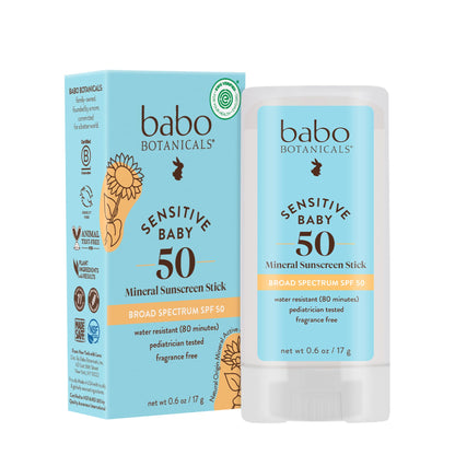Babo Botanicals Sensitive Baby Mineral Sunscreen Stick SPF 50 - 70% Organic Ingredients - Zinc Oxide - NSF & MADE SAFE and EWG Certified Babo Botanicals