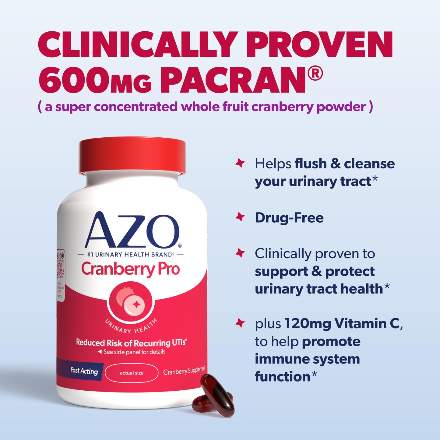 AZO Cranberry Pro, Cranberry Pills for Women & Men, 600mg Pacran, Made with Concentrated Whole Fruit Cranberry Powder to Help Cleanse and Protect The Urinary Tract AZO