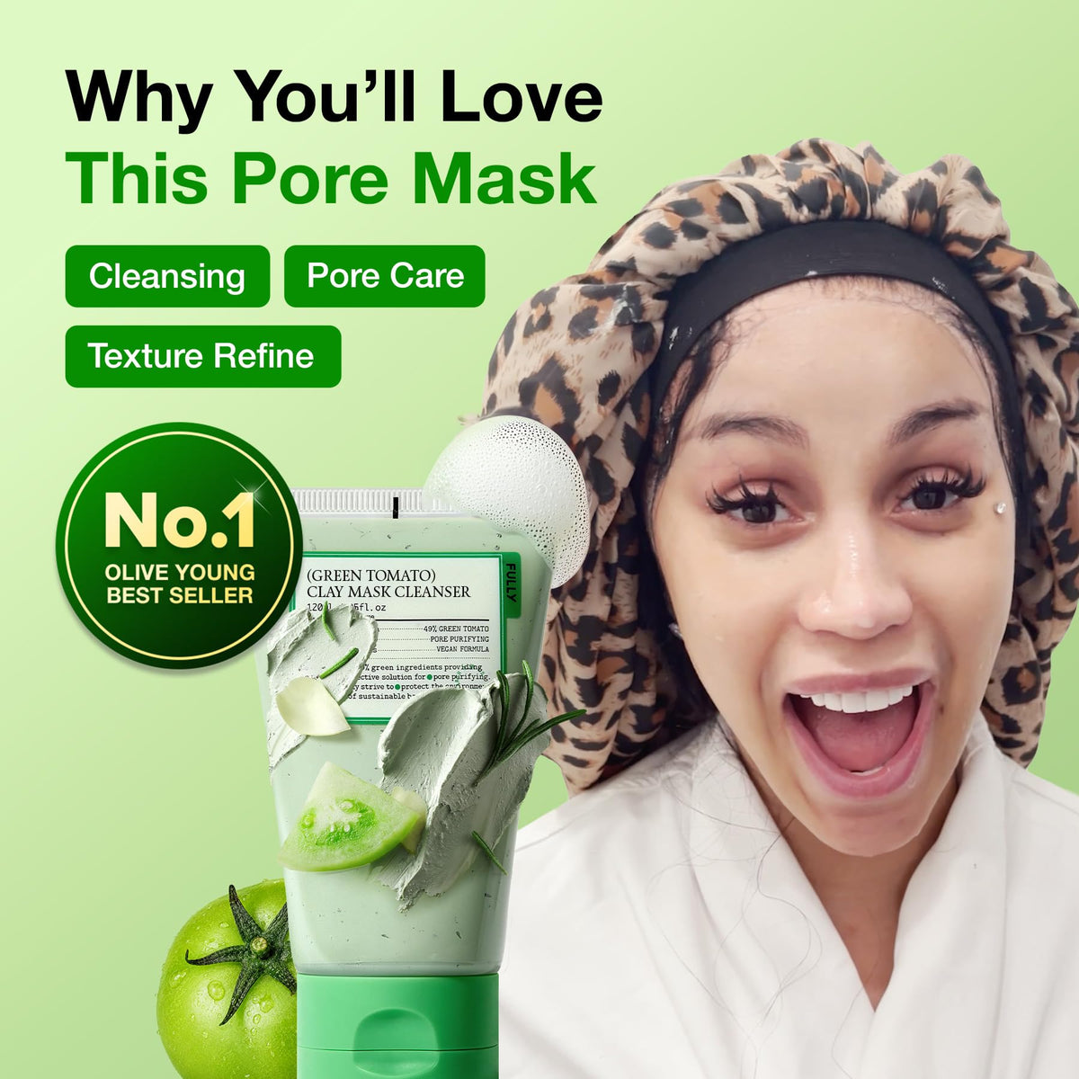 FULLY Green Tomato Pore Clay Mask Cleanser for Deep Cleansing, 4.05 fl oz FULLY