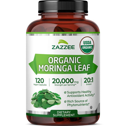 Zazzee USDA Organic Moringa Leaf 20:1 Extract, 180 Vegan Capsules | 3 Month Supply, Certified Kosher, Moringa Oleifera, Antioxidant, Immune & Cellular Support, Superfood Supplement, Made in USA Gsupps Australia