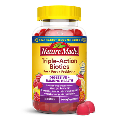 Nature Made Triple-Action Biotics, Gut and Immune Health Support, Digestive Probiotics for Women and Men, Prebiotic Fiber Gummies, 48 Gummies, 24 Day Supply Nature Made