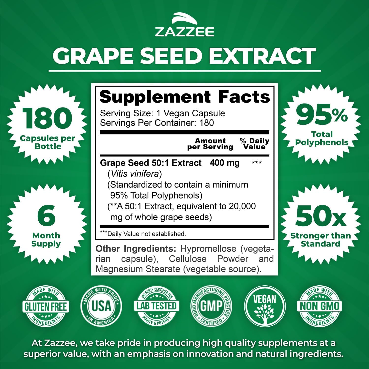 Zazzee High Strength Grape Seed 50:1 Extract, 180 Capsules, 95% Polyphenols | Vegan, 400 mg per Capsule, 6 Month Supply, Antioxidant, Circulation & Blood Flow Support, Non-GMO, Made in the USA Gsupps Australia
