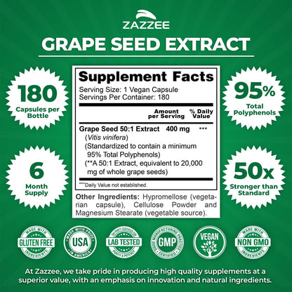 Zazzee High Strength Grape Seed 50:1 Extract, 180 Capsules, 95% Polyphenols | Vegan, 400 mg per Capsule, 6 Month Supply, Antioxidant, Circulation & Blood Flow Support, Non-GMO, Made in the USA Gsupps Australia