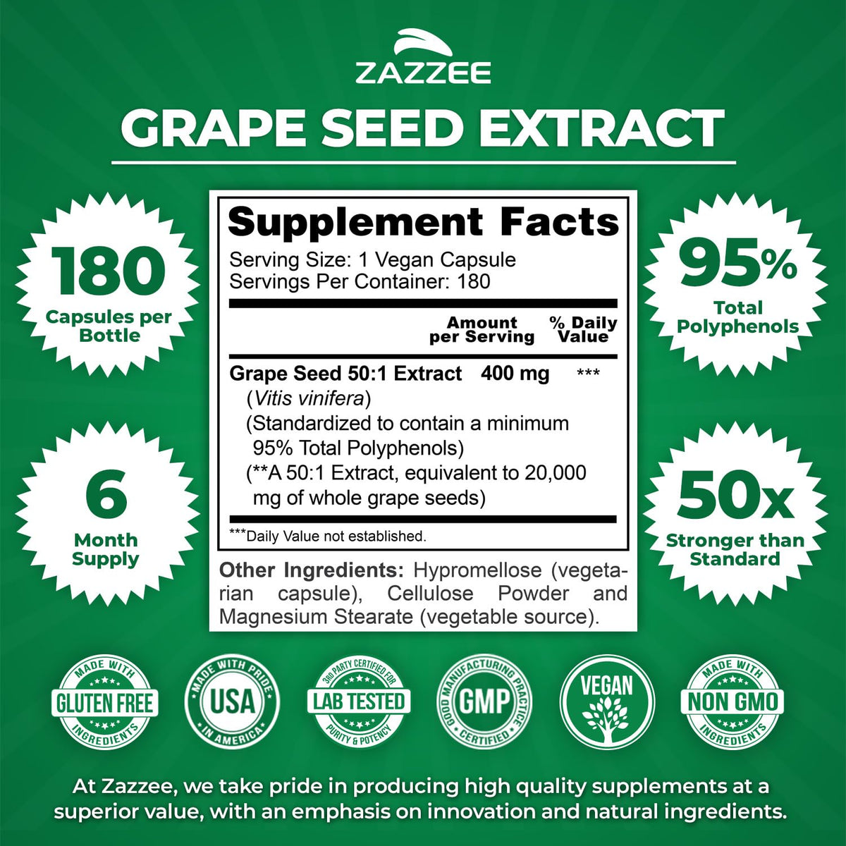 Zazzee High Strength Grape Seed 50:1 Extract, 180 Vegan Capsules, 95% Polyphenols, 400 mg per Capsule, 6 Month Supply, Antioxidant Zazzee