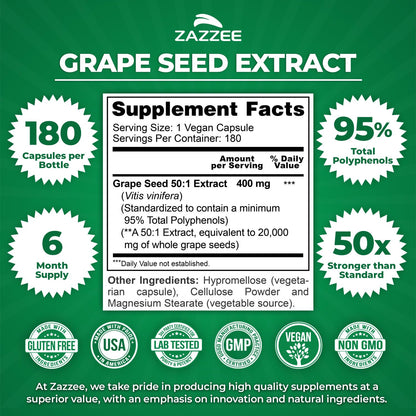 Zazzee High Strength Grape Seed 50:1 Extract, 180 Vegan Capsules, 95% Polyphenols, 400 mg per Capsule, 6 Month Supply, Antioxidant Zazzee