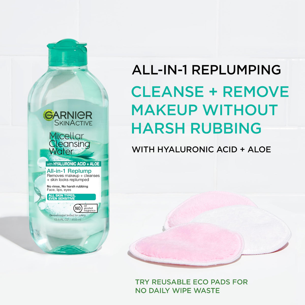 Garnier Micellar Water with Hyaluronic Acid, Facial Cleanser & Makeup Remover, Hydrating and Plumping, For All Skin Types, Vegan, Cruelty Free, 13.5 Fl Oz (400mL), 1 Count Garnier