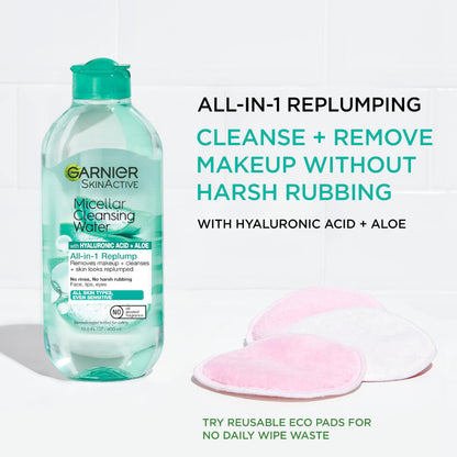 Garnier Micellar Water with Hyaluronic Acid, Facial Cleanser & Makeup Remover, Hydrating and Plumping, For All Skin Types, Vegan, Cruelty Free, 13.5 Fl Oz (400mL), 1 Count Garnier