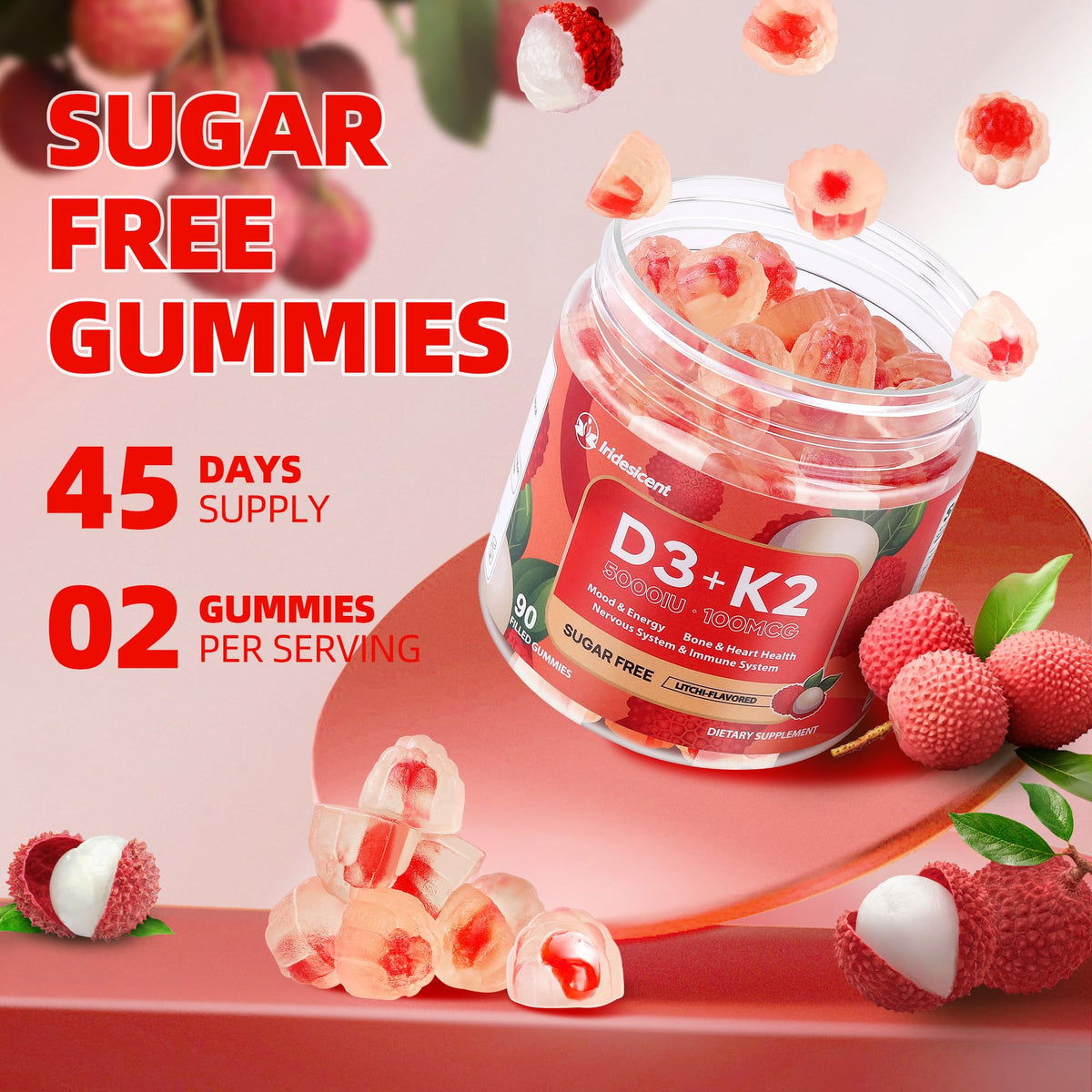 Vitamin D3 K2 Gummies w/Magnesium Sugar Free - 90 Count | D3 Vitamin 5,000 IU + K2(MK-7) 100 mcg - Vegan K2 D3 Vitamin Supplement, Highly Absorbent Supports Bone IRIDESICENT