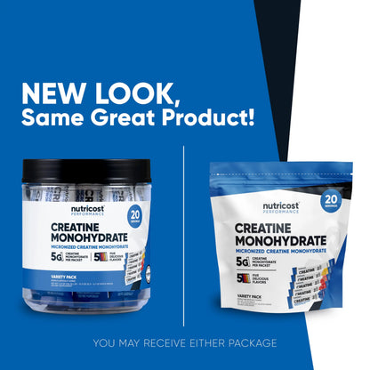 Nutricost Creatine Monohydrate Powder Variety Stickpacks (5 Flavors, 20 Servings) - Micronized, 5 Grams of Creatine Monohydrate Per Pack Nutricost