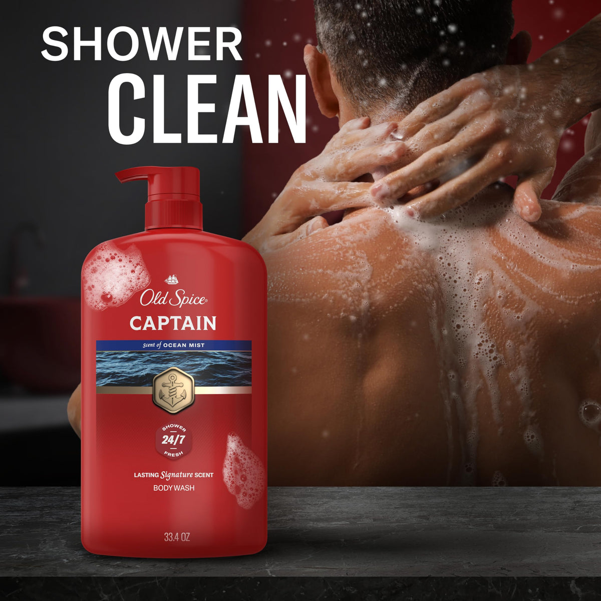 Old Spice Refreshing Body Wash for Men, 3X Defense, 24/7 Shower Fresh with Long Lasting Scent, Red Collection, Captain with Bergamot Scent, 33.4 oz Old Spice