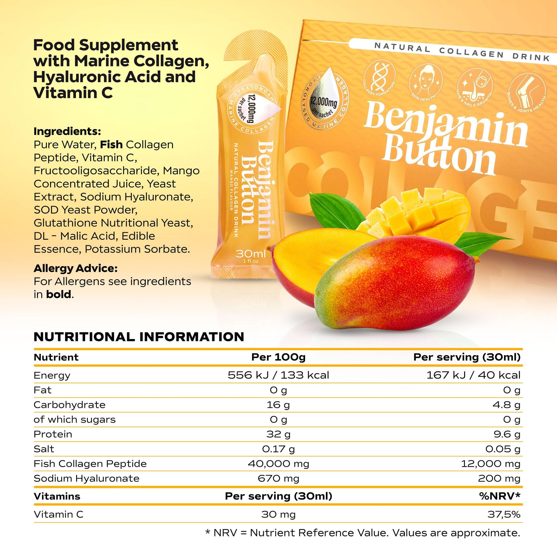 Benjamin Button 12,000mg Marine Collagen Liquid Shots| High Strength Hydrolyzed Marine Collagen Peptides w/Hyaluronic Acid & Vitamin C for Skin, Hair & Joints | Mango, 14 Daily Servings 30ml Benjamin Button buy australia supplements