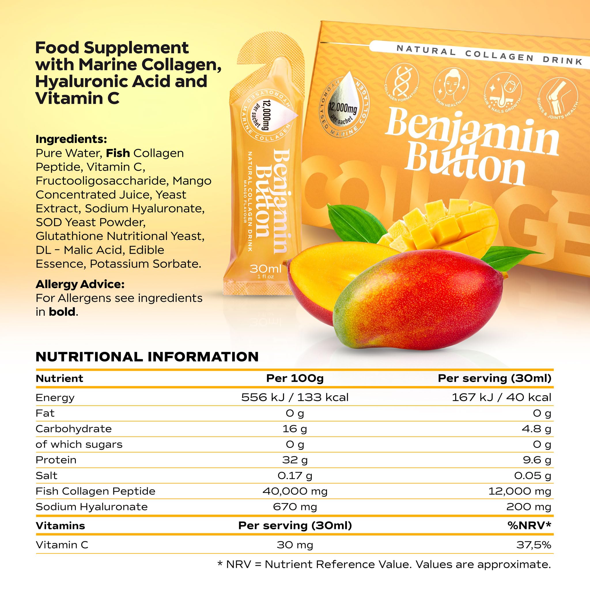 Benjamin Button 12,000mg Marine Collagen Liquid Shots| High Strength Hydrolyzed Marine Collagen Peptides w/Hyaluronic Acid & Vitamin C for Skin, Hair & Joints | Mango, 14 Daily Servings 30ml Benjamin Button buy australia supplements
