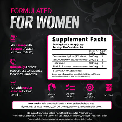 Bold Buns Creatine for Women – Supplement with Collagen & BCAA – Supports Muscle Development, Post-Workout Recovery, Skin Elasticity, Bold Buns