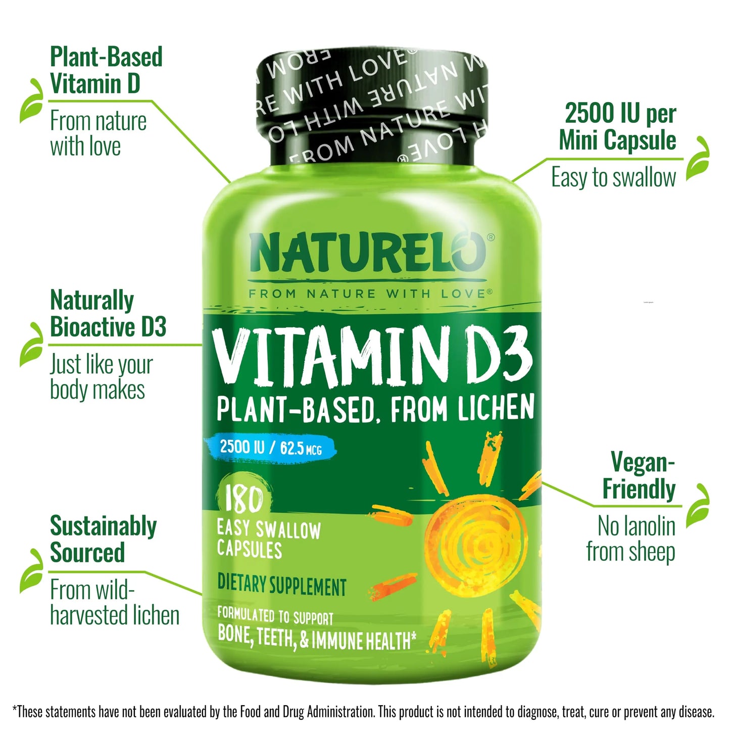 NATURELO Vitamin D - 2500 IU - Plant Based from Lichen - Natural D3 Supplement for Immune System, Bone Support, Joint Health - Vegan NATURELO