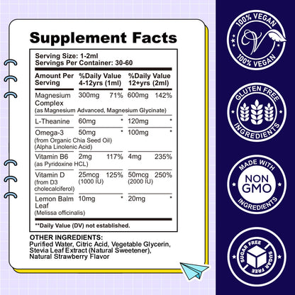 Kids Magnesium Liquid Drops-Magnesium Glycinate Liquid for Kids Supplement-w/L-theanine, Omega-3, Vitamin B6, D3 - for Sleep, Relaxation, Brain, Bones CFILIHTC