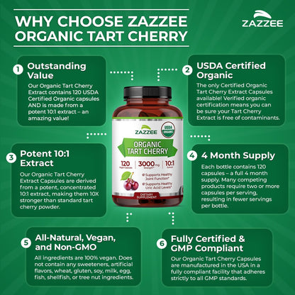 Zazzee USDA Organic Tart Cherry 10:1 Extract, 120 Capsules, 4 Month Supply | Vegan, Montmorency Cherry, Daily Wellness Antioxidant Support, Organic Herbal Supplement, All-Natural, Non-GMO, Made in USA Gsupps Australia