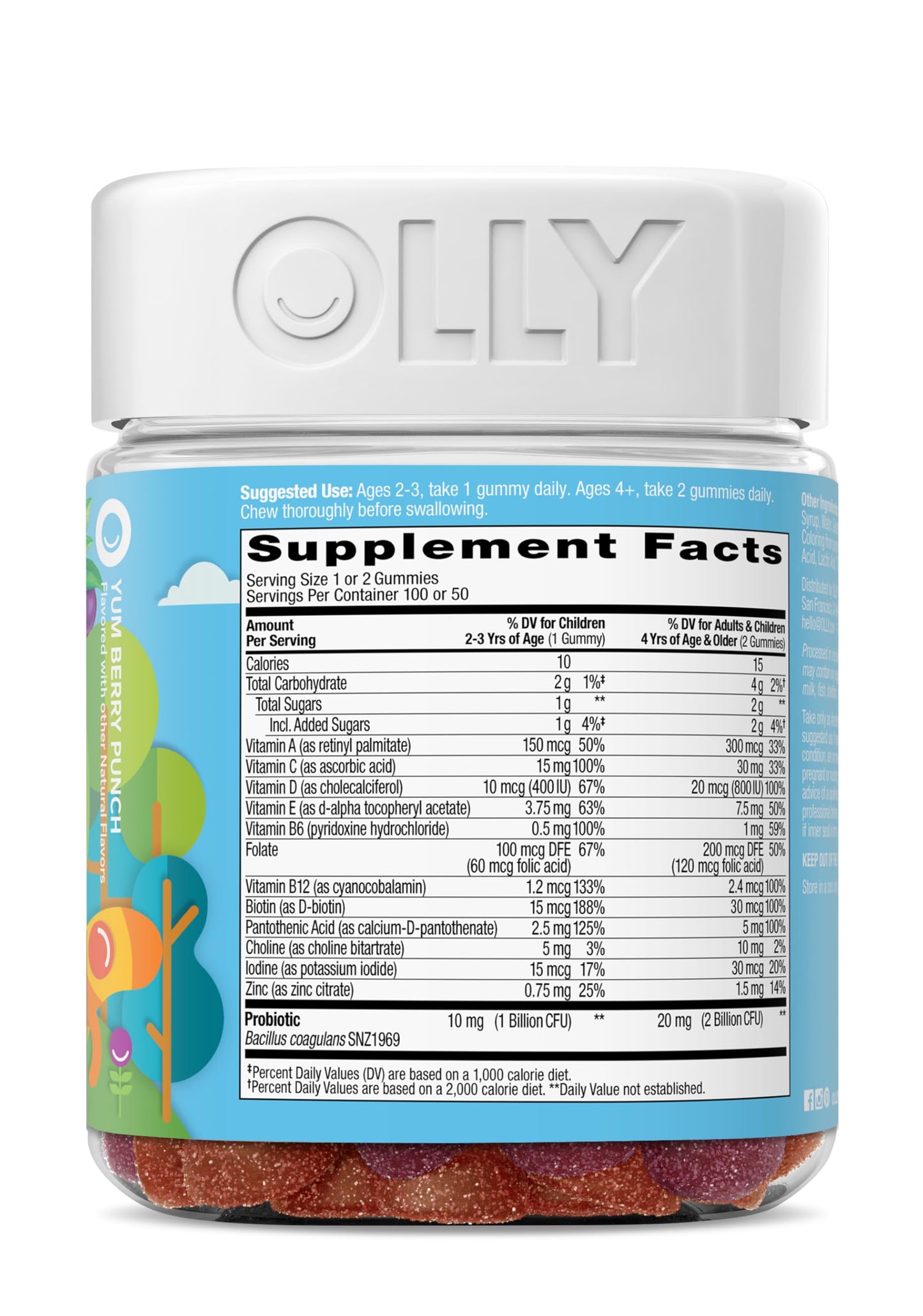 OLLY Kids Multivitamin & Probiotic Gummy, Digestive Support, Vitamins A, D, C, E, B, Zinc, Chewable Supplement, Berry Flavor, 50 day supply - 100 Count OLLY