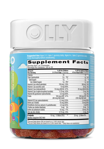 OLLY Kids Multivitamin & Probiotic Gummy, Digestive Support, Vitamins A, D, C, E, B, Zinc, Chewable Supplement, Berry Flavor, 50 day supply - 100 Count OLLY