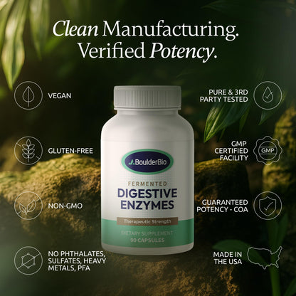 Boulder Bio Digestive Enzymes | 40,000 USP Lipase - Prescription Strength Pancreatic Enzyme Replacement Formula for Fat Digestion, Gut Health & Nutrient Absorption Boulder Bio