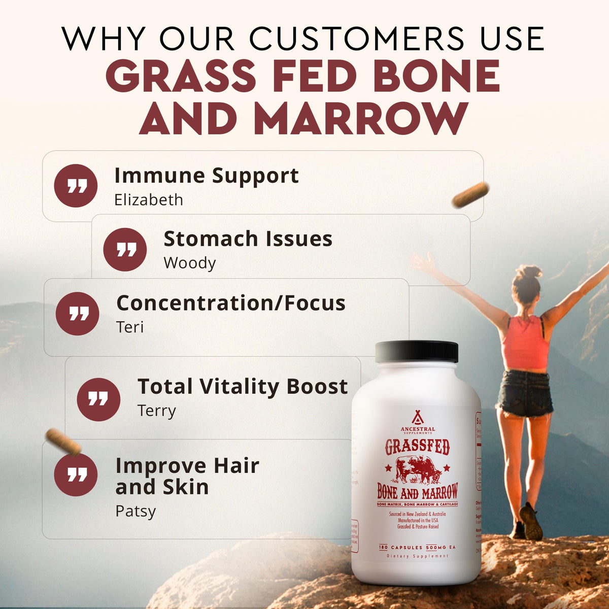 Ancestral Supplements Grass Fed Beef Bone and Marrow Supplement, 180 Ct Ancestral Supplements