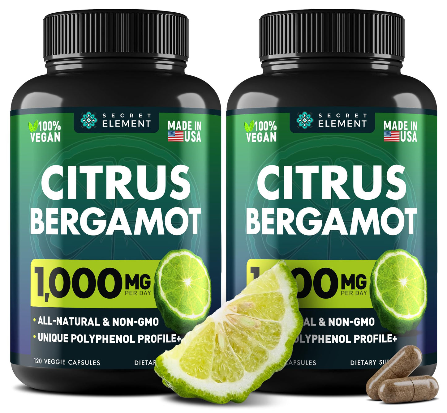 (2 PACK) Citrus Bergamot Extract 1000mg - Citrus Bergamot Supplement for Circulatory Health, Immunity, and Graceful Aging - 2x the potency of Citrus Bergamot 500mg Secret Element