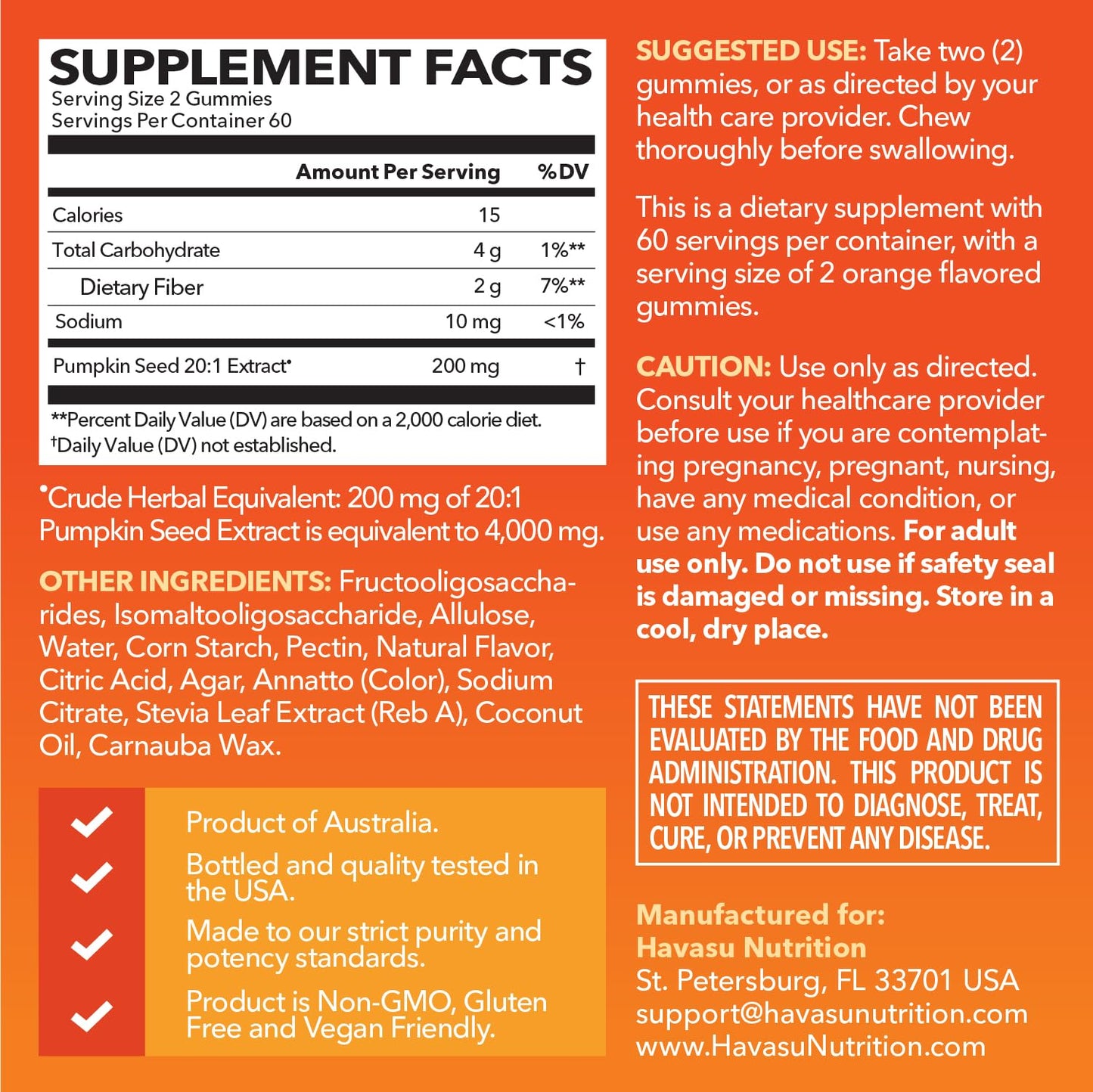 Pumpkin Seed Oil Gummies for Bladder and Urinary Tract Support, 30 Servings | 200mg Pumpkin Seed Extract Per Serving, Vegan, Non-GMO, Gluten-Free, Sugar Free Pumpkin Seed Gummies, Orange Flavor Gsupps Australia