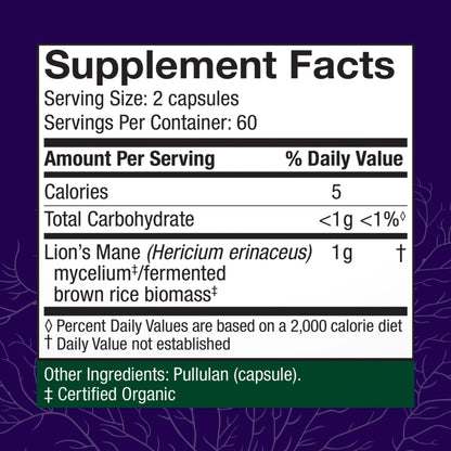 Host Defense Mushrooms Lion's Mane - Supplement Capsules for Brain Health Support - Mushroom Support for Focus & Memory Function Host Defense