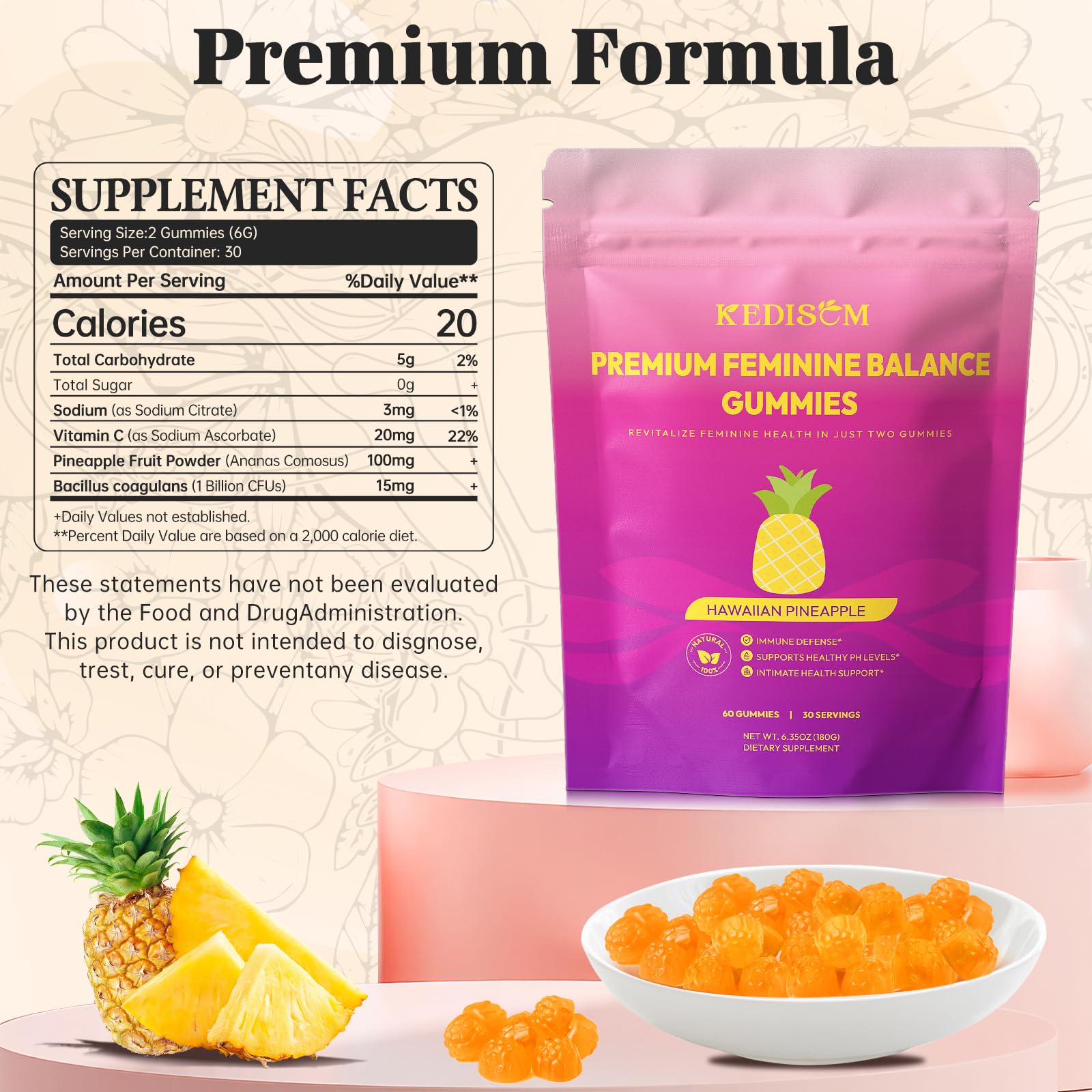 KEDISOM Premium Feminine Balance Gummies - for Women’s Health & Wellness - Immune Support - Vegan, Gluten-Free - Hawaiian Pineapple - 60 Gummies - 30 Servings KEDISOM buy australia supplements