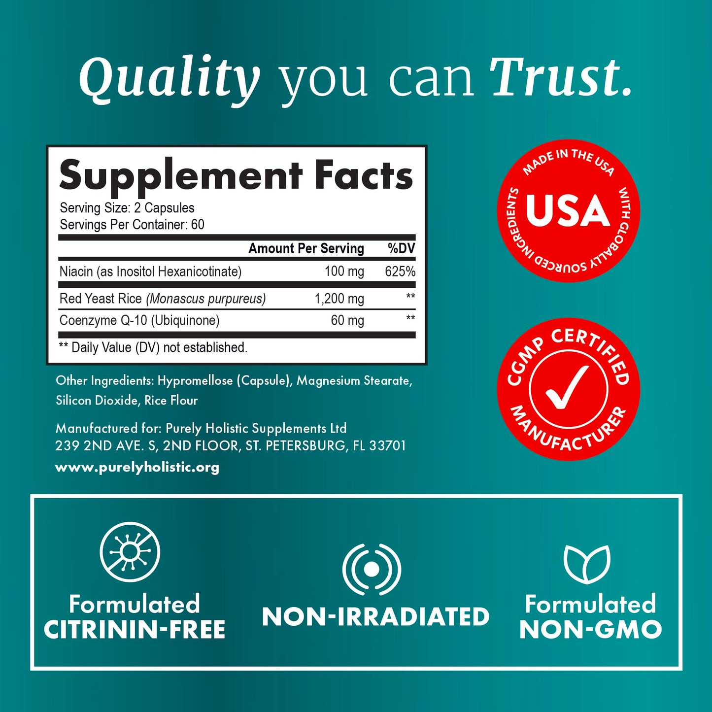 Red Yeast Rice with CoQ10 Supplement | Healthy Cholesterol Levels & Heart Health Support | Extra Strength Red Yeast Rice 1200 MG (600 MG Per Capsule) with Monakolin K Purely Holistic