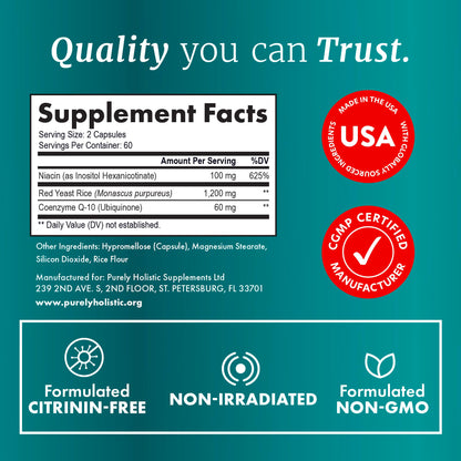 Red Yeast Rice with CoQ10 Supplement | Healthy Cholesterol Levels & Heart Health Support | Extra Strength Red Yeast Rice 1200 MG (600 MG Per Capsule) with Monakolin K Purely Holistic