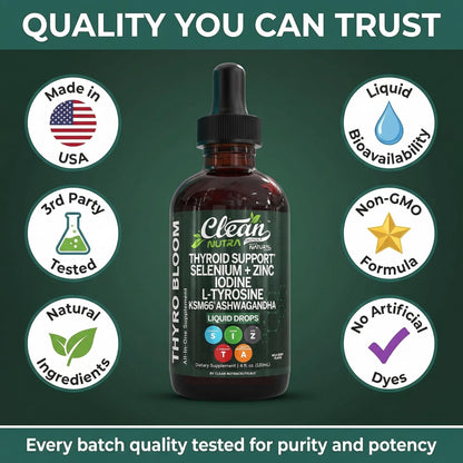 ThyroBloom Thyroid Support for Women Liquid Drops Iodine L-Tyrosine Selenium Copper Ashwagandha Zinc Kelp Bladderwrack Schisandra Guggul Turmeric Vitamin A D3 B12 Clean Nutraceuticals