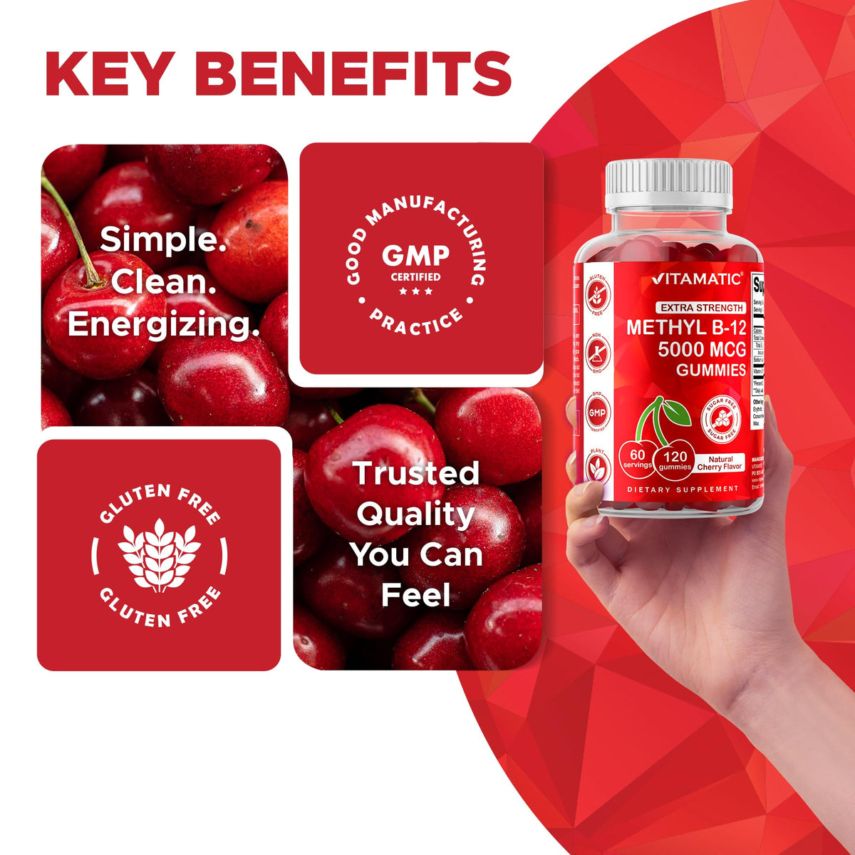 Vitamatic Extra Strength Vitamin B12 5000 mcg (Methyl B12) Gummies - 120 Count - Energy Metabolism Support and Nervous Vitamatic