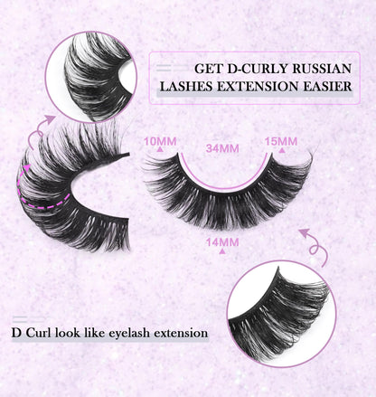 False Eyelashes Russian Strip Lashes Volume Fake Eyelashes Extension D-Curly Wispy Handmade Soft Reusable 14 Pairs Lashes Pack zanlufly