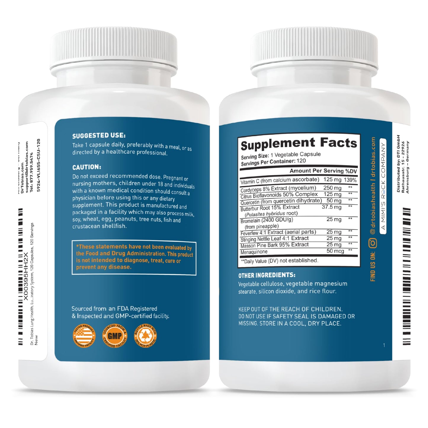 Dr. Tobias Lung Health - Lung Support Supplement with Vitamin C, Butterbur, Quercetin & Bromelain | Lung Cleanse & Detox Formula for Bronchial & Respiratory System Non-GMO (60 Capsules, 60 Servings)
