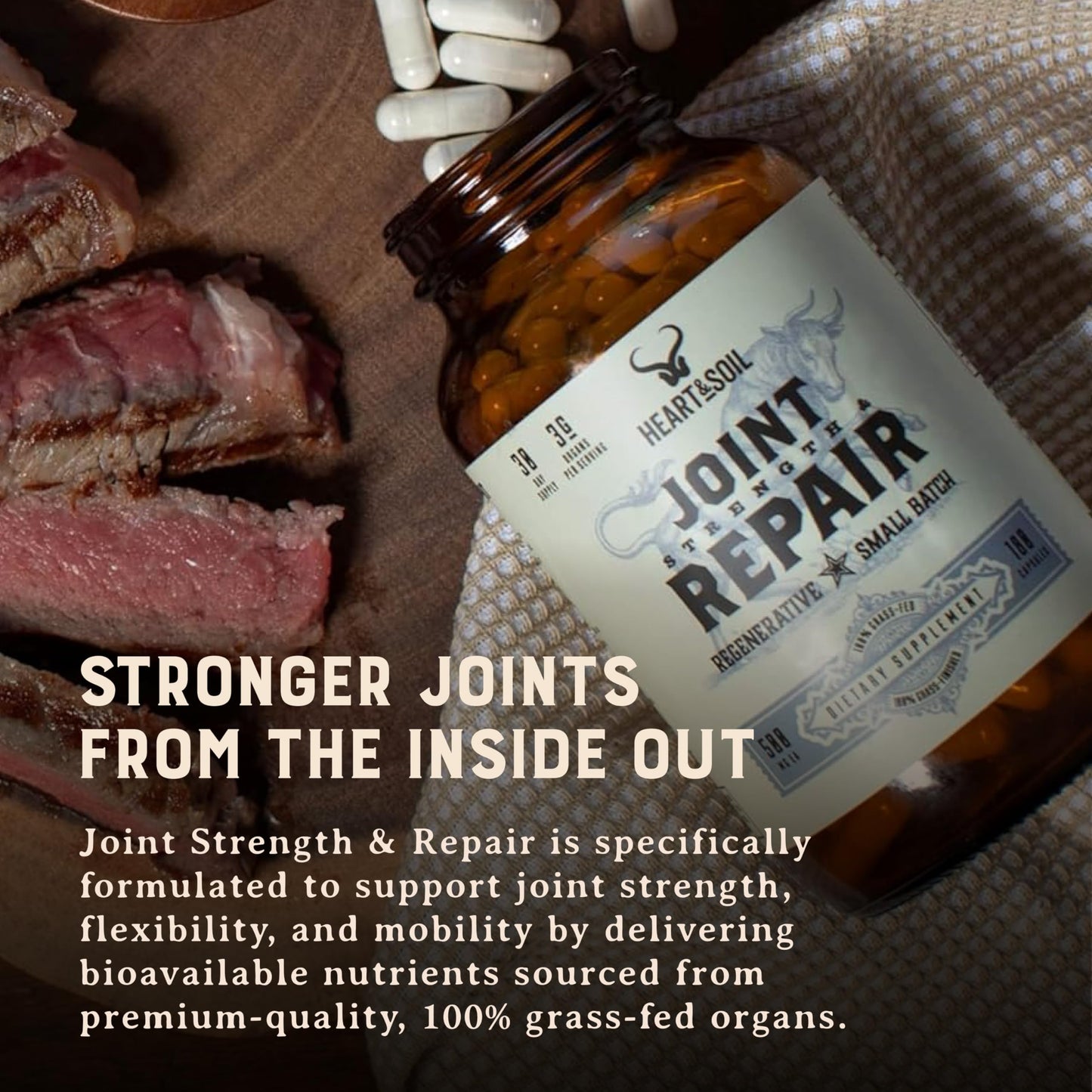 Heart & Soil – 100% Grass Fed & Finished Hair Skin and Nails Supplement from Regenerative Cattle with Cartilage, Liver, & Bone Marrow – 3000mg Beef Organs for Women & Men – Glass Bottle – 180 Capsules