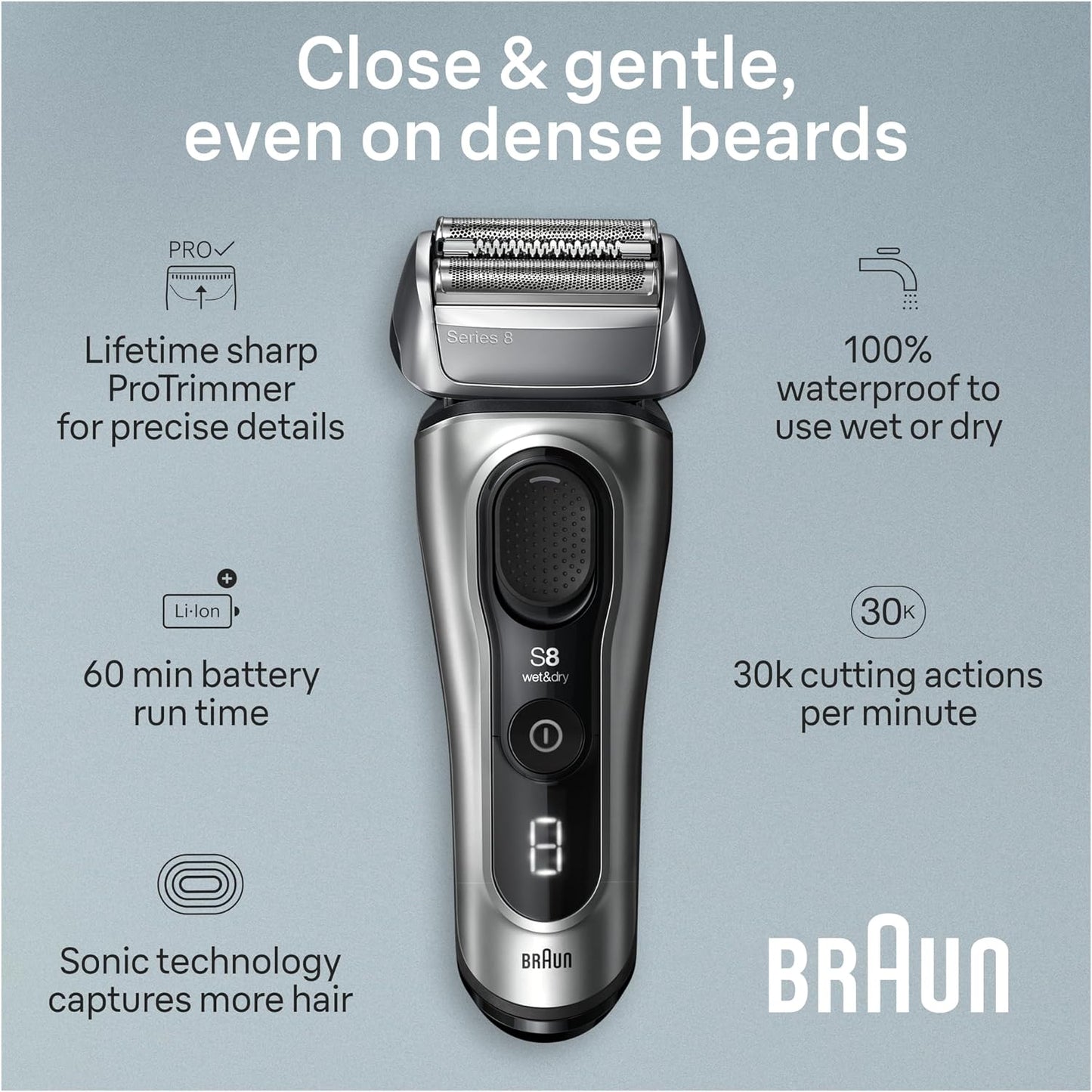 Braun Series 8 Electric Razor for Men, with 4+1 Shaving Elements & Precision Long Hair Trimmer, Close & Gentle Even on Dense Beards, Wet & Dry Electric Razor with 60min Runtime, 8517s Galvano Silver Gsupps Australia