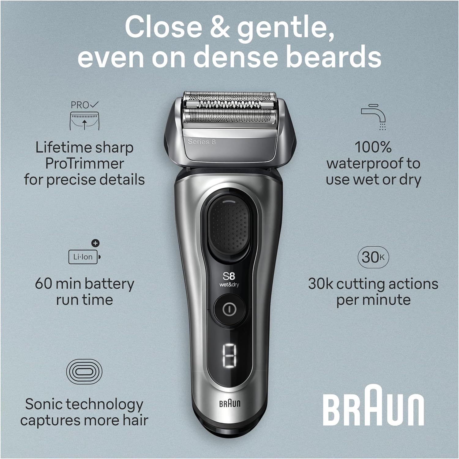 Braun Series 8 Electric Razor for Men, with 4+1 Shaving Elements & Precision Long Hair Trimmer, Close & Gentle Even on Dense Beards, Wet & Dry Electric Razor with 60min Runtime, 8517s Galvano Silver Gsupps Australia