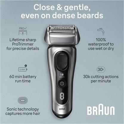 Braun Series 8 Electric Razor for Men, with 4+1 Shaving Elements & Precision Long Hair Trimmer, Close & Gentle Even on Dense Beards, Wet & Dry Electric Razor with 60min Runtime, 8517s Galvano Silver Gsupps Australia