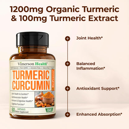 Turmeric with Black Pepper - High Potency Organic 1200mg Turmeric Curcumin Supplement for Joint Support & Digestive Health - Curcumin with Black Pepper Vimerson Health