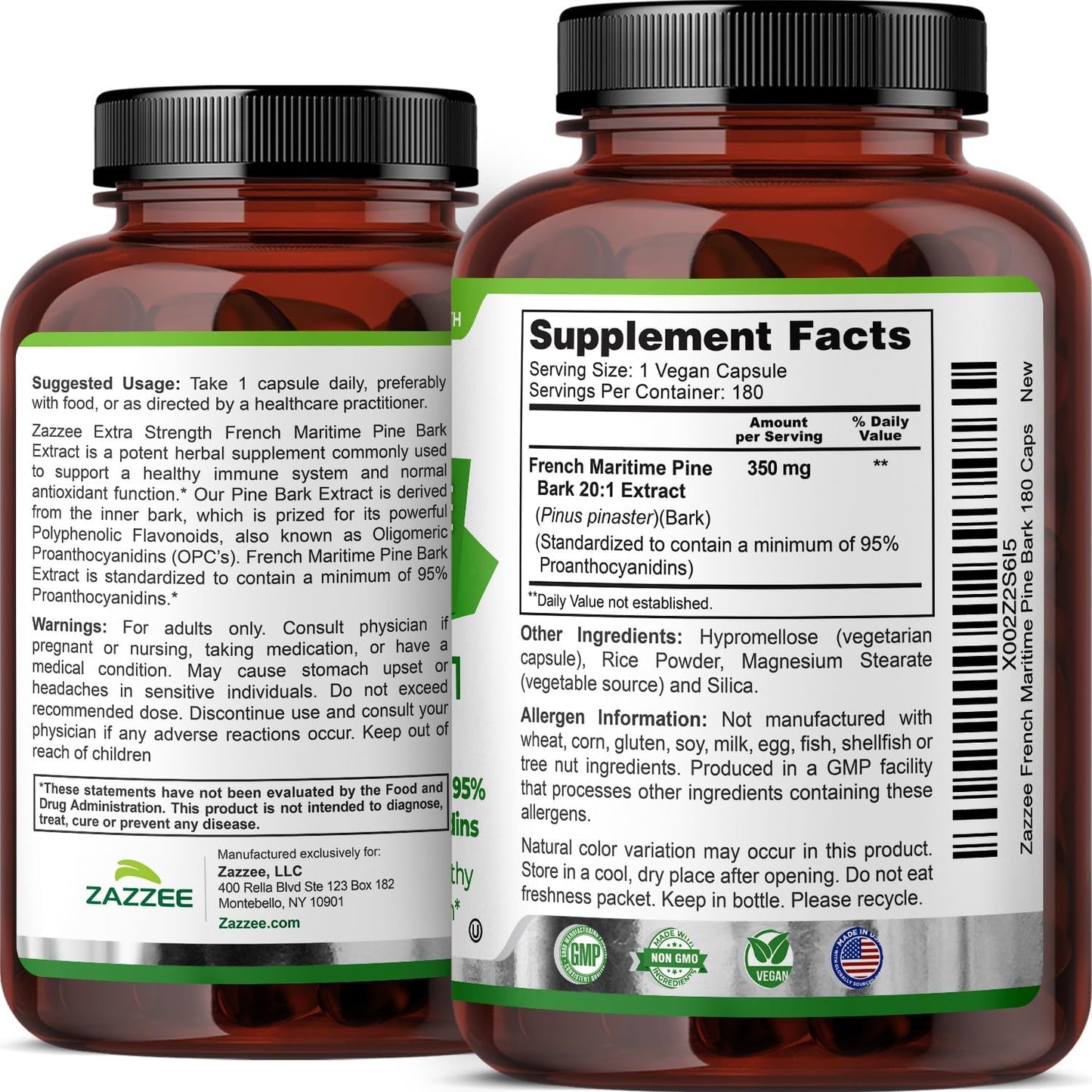 Zazzee Extra Strength French Maritime Pine Bark Extract 20:1, 180 Capsules | 350 mg Per Capsule, 95% Proanthocyanidins, Vegan, 6 Month Supply, Certified Kosher, Antioxidant Support, Non-GMO, Made in USA Gsupps Australia
