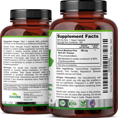 Zazzee Extra Strength French Maritime Pine Bark Extract 20:1, 180 Capsules | 350 mg Per Capsule, 95% Proanthocyanidins, Vegan, 6 Month Supply, Certified Kosher, Antioxidant Support, Non-GMO, Made in USA Gsupps Australia