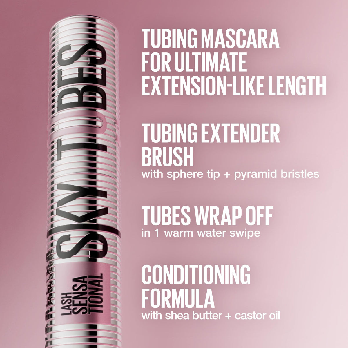 Maybelline Lash Sensational Sky Tubes Tubing Mascara, Extension-Like Lengthening Mascara, 24HR Eye Makeup with Shea Butter & Castor Oil, Very Black, 1 Count MAYBELLINE