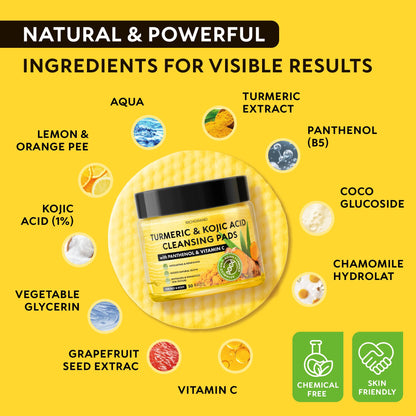 Turmeric Kojic Acid Cleansing Pads for Face - Exfoliating Sponges with Vitamin C & Lemon - Foaming Facial Wash for Glowing Skin & Uneven Tone Support - Gentle Daily Scrub RICHGRAND