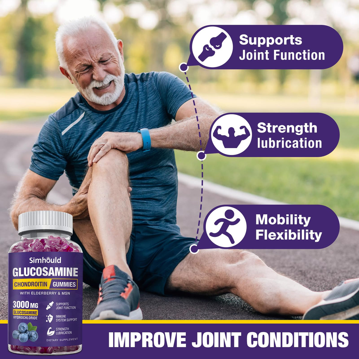 Simhould 2 Packs Glucosamine Chondroitin Gummies - 3000MG Extra Strength Joint Support Supplement with MSM & Elderberry, Flexibility, Antioxidant Immune Support Simhould