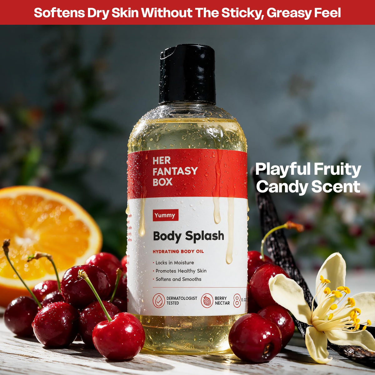 Her Fantasy Box | Body Splash Hydrating Body Oil (Yummy) - Moisturizing, Non-Greasy Formula for Soft, Smooth Skin - All-Natural, Lightweight & Nourishing Her Fantasy Box